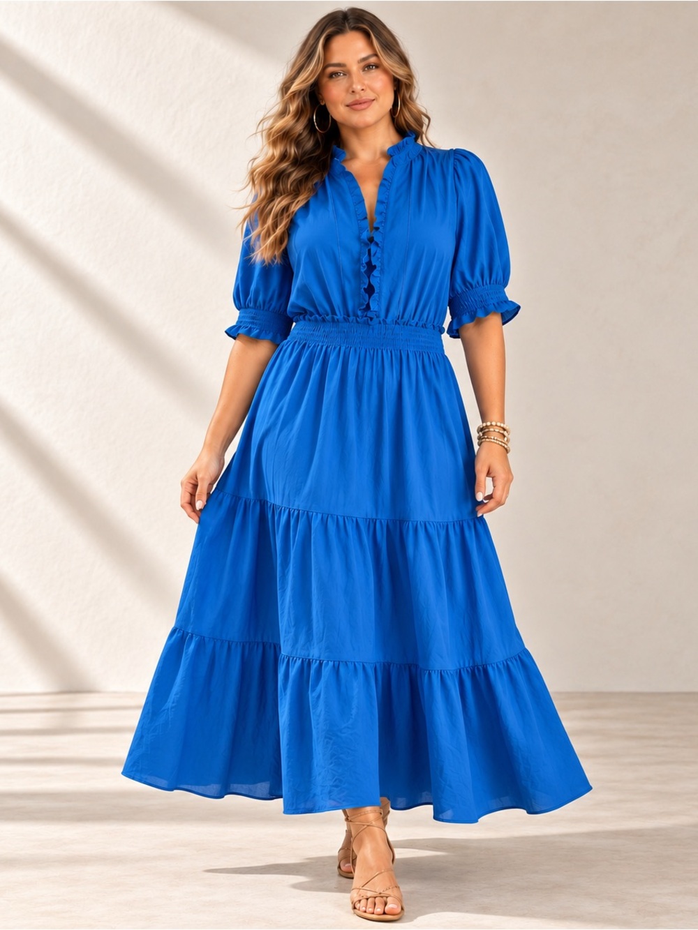 London Times Woman Maxi Dress 20W Blue Tiered Smocked Waist Ruffle NWT